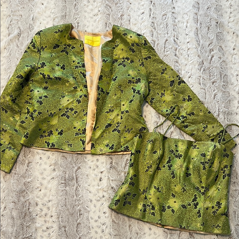 Flores & Flores Silky Green Brocade Jacket W/ Matching Bustier Sz 14